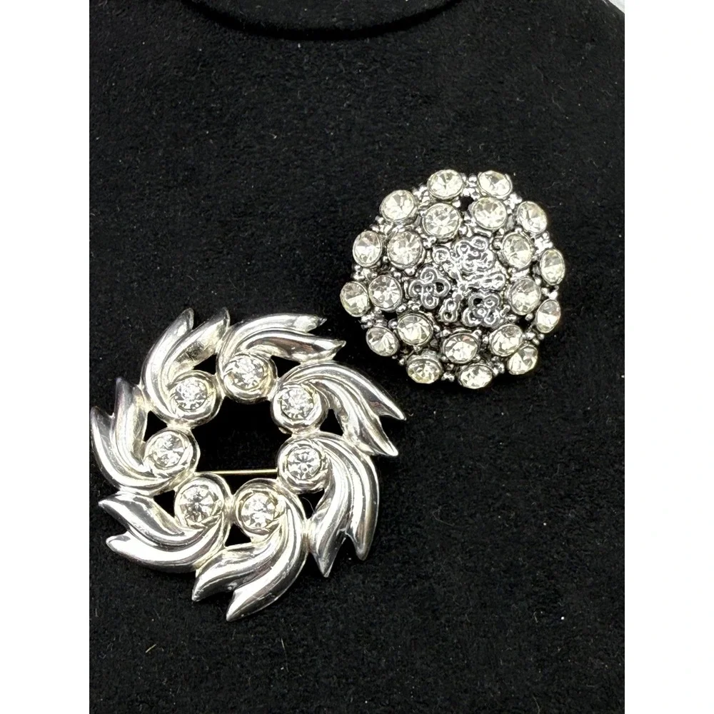 Vintage Rhinestone Dome Wreath Brooch Lot Silver Tone